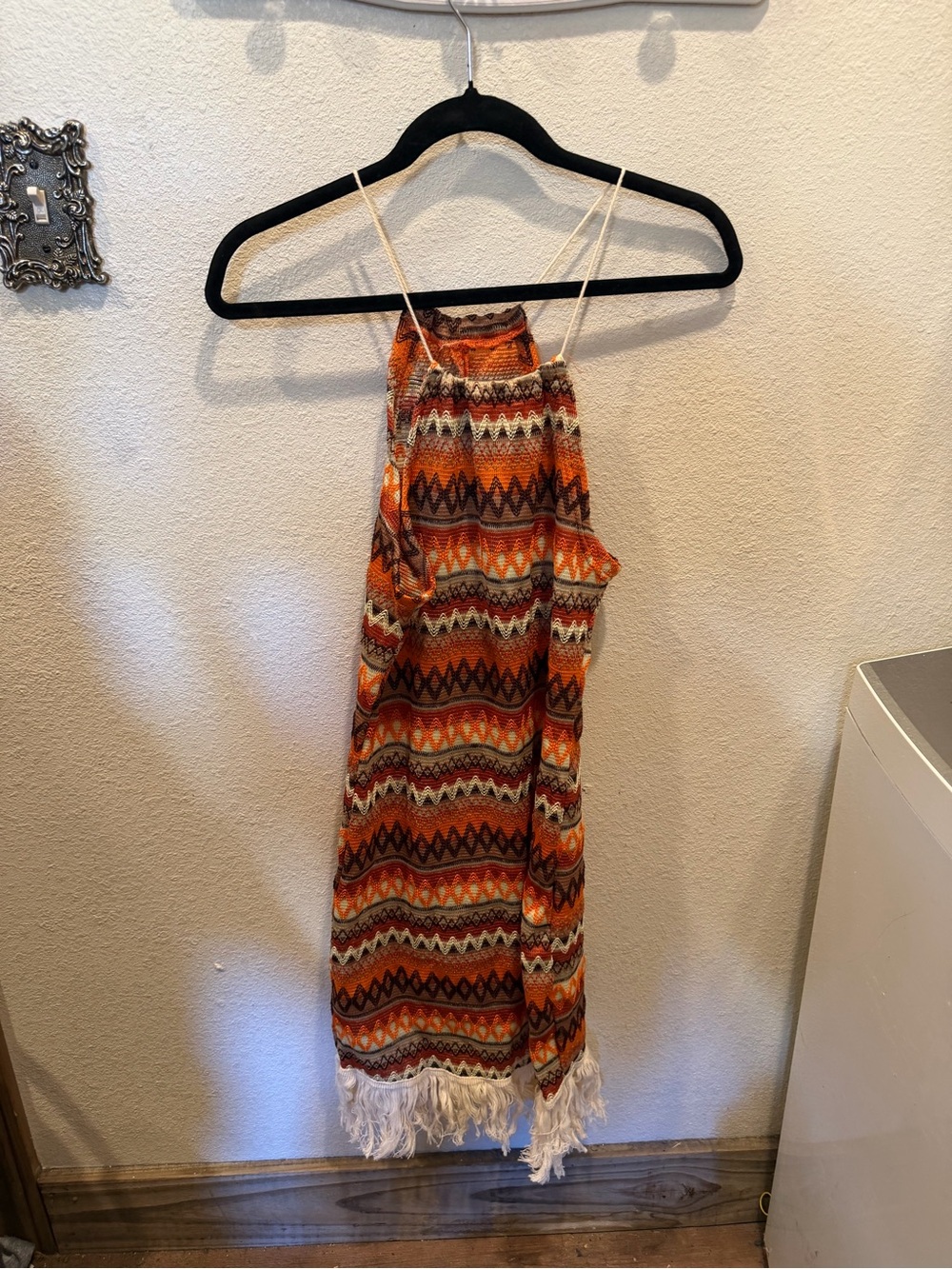 Bohemian Orange Chevron Fringe Mini Dress